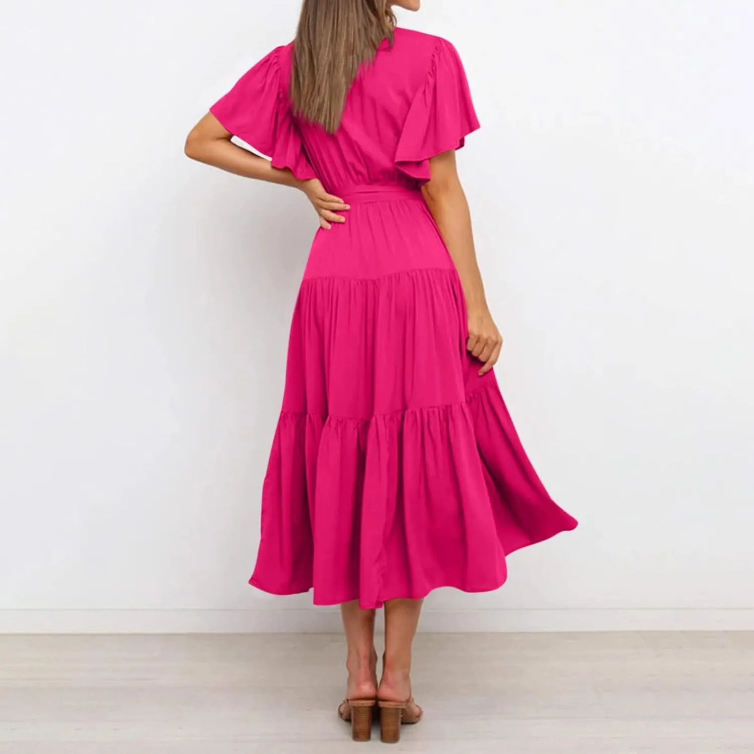 Women's Maxi Dress Summer Casual Loose Solid Color Dress 2024 Swing Waist V-Neck Short Sleeve Maxi Dresses, S-2XL