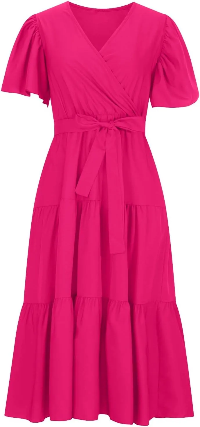Women's Maxi Dress Summer Casual Loose Solid Color Dress 2024 Swing Waist V-Neck Short Sleeve Maxi Dresses, S-2XL