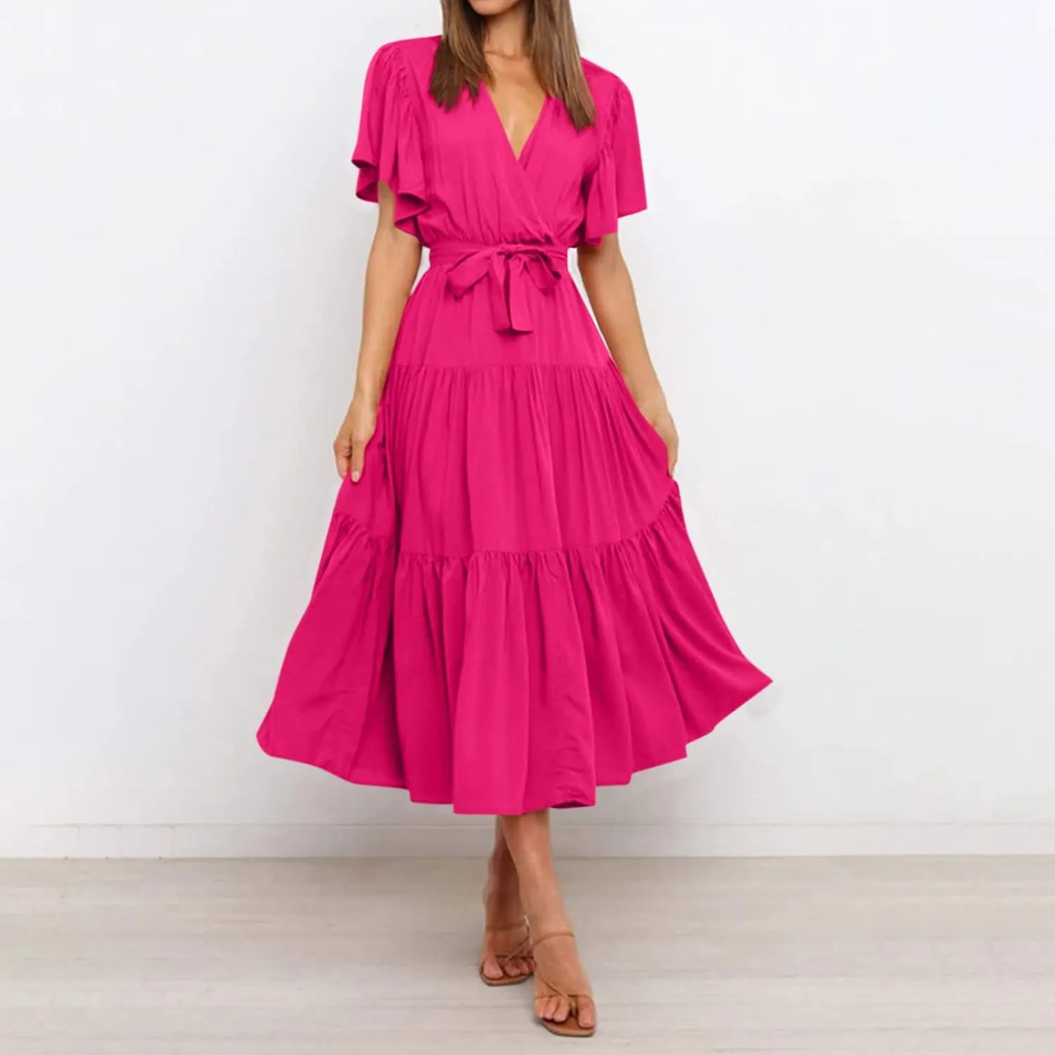 Women's Maxi Dress Summer Casual Loose Solid Color Dress 2024 Swing Waist V-Neck Short Sleeve Maxi Dresses, S-2XL