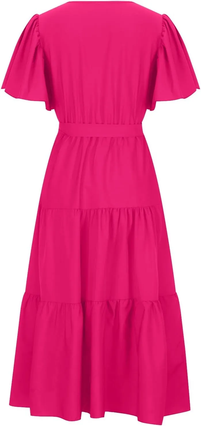 Women's Maxi Dress Summer Casual Loose Solid Color Dress 2024 Swing Waist V-Neck Short Sleeve Maxi Dresses, S-2XL