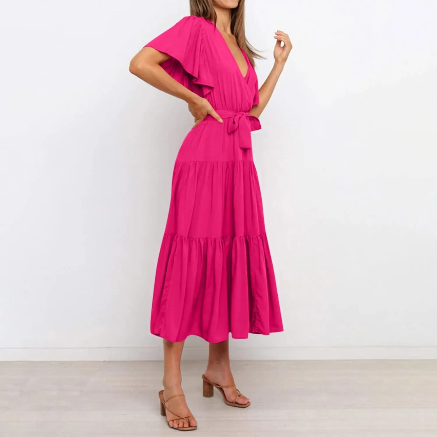 Women's Maxi Dress Summer Casual Loose Solid Color Dress 2024 Swing Waist V-Neck Short Sleeve Maxi Dresses, S-2XL