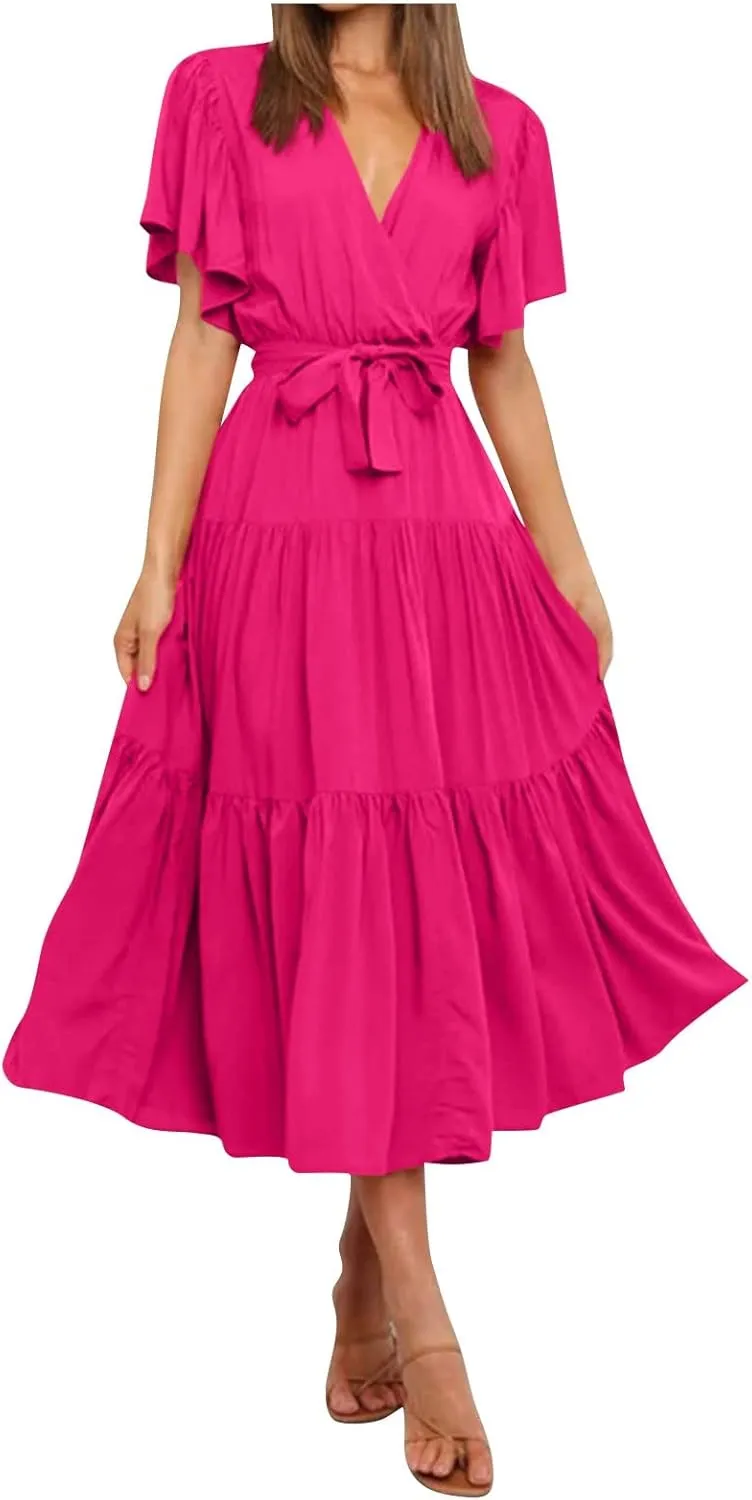 Women's Maxi Dress Summer Casual Loose Solid Color Dress 2024 Swing Waist V-Neck Short Sleeve Maxi Dresses, S-2XL