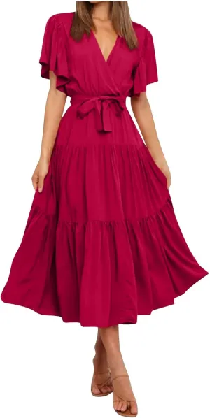 Women's Maxi Dress Summer Casual Loose Solid Color Dress 2024 Swing Waist V-Neck Short Sleeve Maxi Dresses, S-2XL