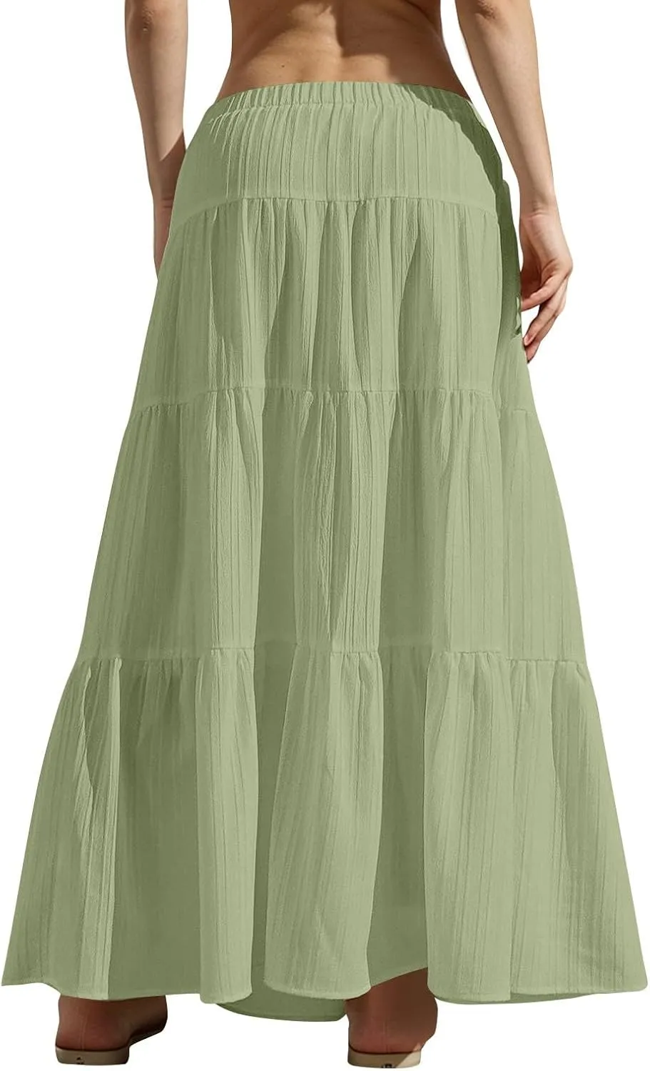 Women's Maxi Skirt Drawstring Elastic Waist Tiered Long Flowy Skirts Summer Vacation A-Line Pleated Skirts