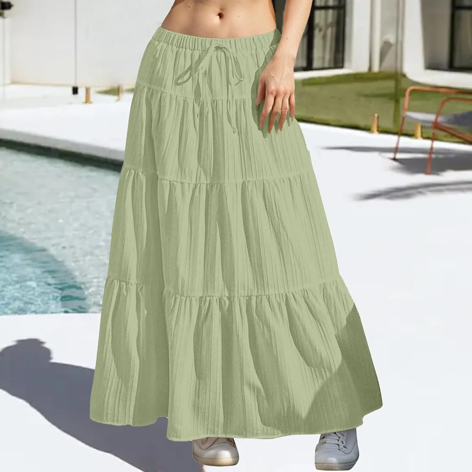 Women's Maxi Skirt Drawstring Elastic Waist Tiered Long Flowy Skirts Summer Vacation A-Line Pleated Skirts