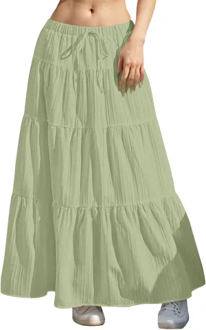 Women's Maxi Skirt Drawstring Elastic Waist Tiered Long Flowy Skirts Summer Vacation A-Line Pleated Skirts