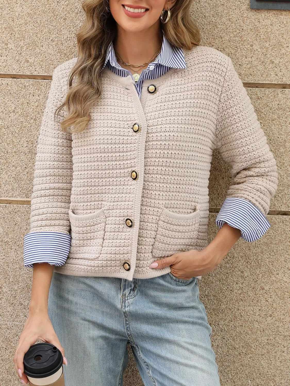 Womens Open Front Cardigan Sweaters 2025 Spring Button Down Long Sleeve Chunky Knit Cardigans