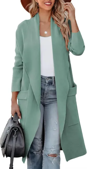 Women's Open Front Knited Loose Cardigan Casual Long Sleeve Draped Knit Pockets Long Jackets Sweater