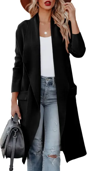 Women's Open Front Knited Loose Cardigan Casual Long Sleeve Draped Knit Pockets Long Jackets Sweater