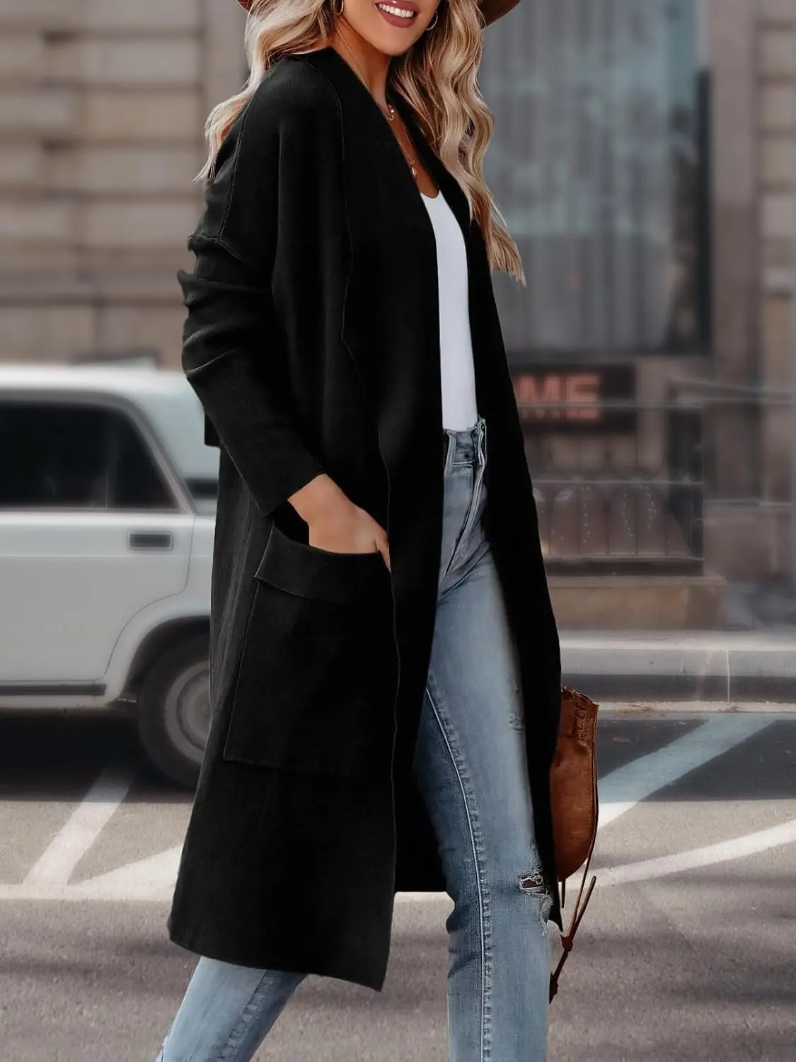 Women's Open Front Knited Loose Cardigan Casual Long Sleeve Draped Knit Pockets Long Jackets Sweater