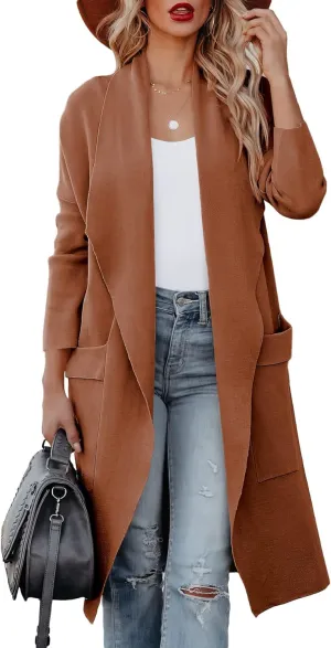 Women's Open Front Knited Loose Cardigan Casual Long Sleeve Draped Knit Pockets Long Jackets Sweater