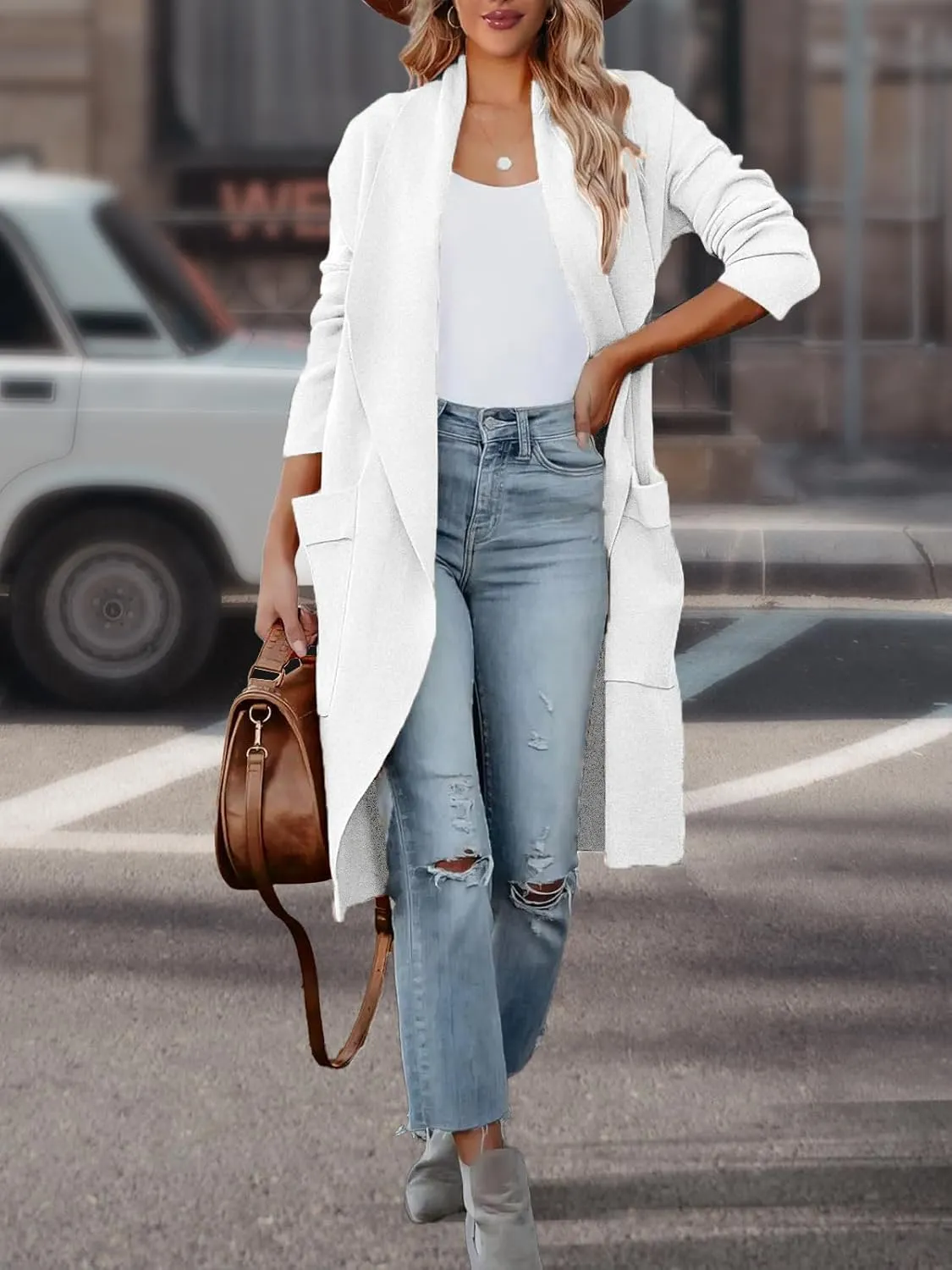 Women's Open Front Knited Loose Cardigan Casual Long Sleeve Draped Knit Pockets Long Jackets Sweater