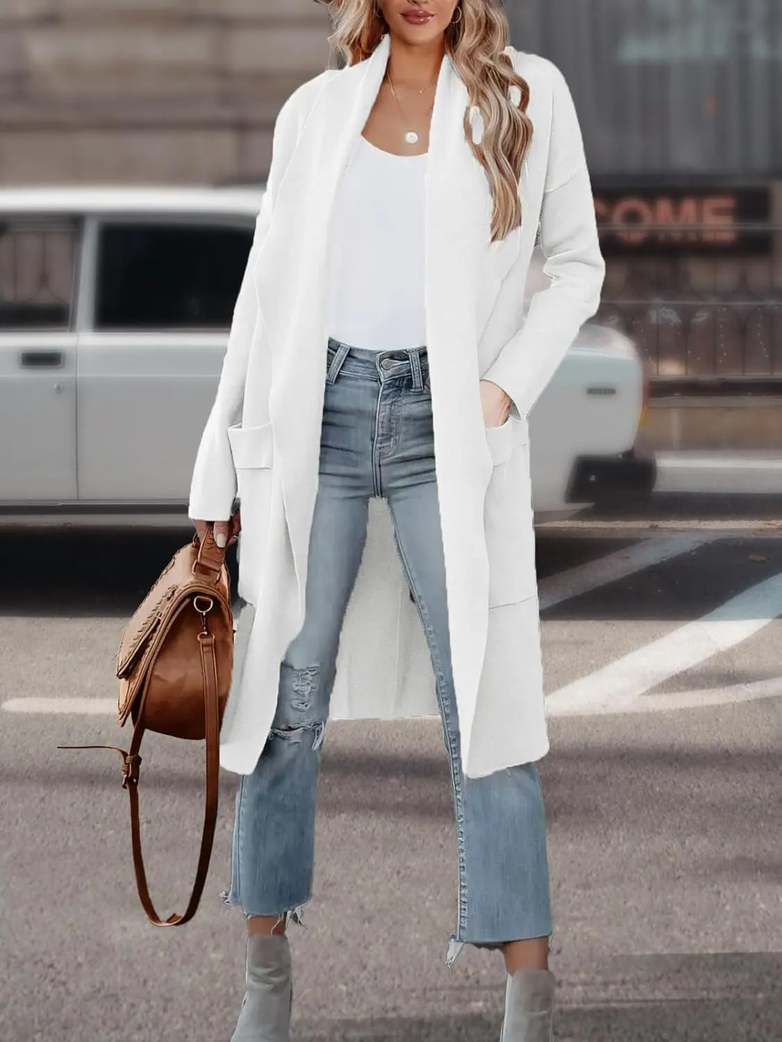 Women's Open Front Knited Loose Cardigan Casual Long Sleeve Draped Knit Pockets Long Jackets Sweater