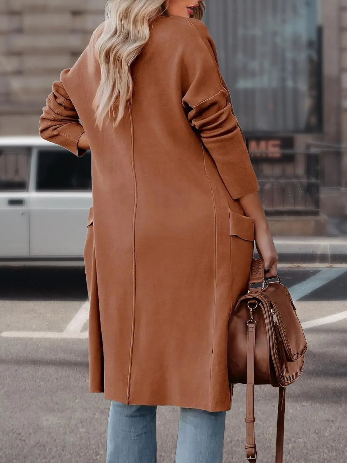 Women's Open Front Knited Loose Cardigan Casual Long Sleeve Draped Knit Pockets Long Jackets Sweater