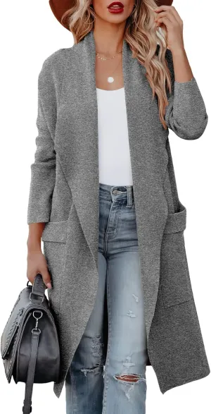 Women's Open Front Knited Loose Cardigan Casual Long Sleeve Draped Knit Pockets Long Jackets Sweater