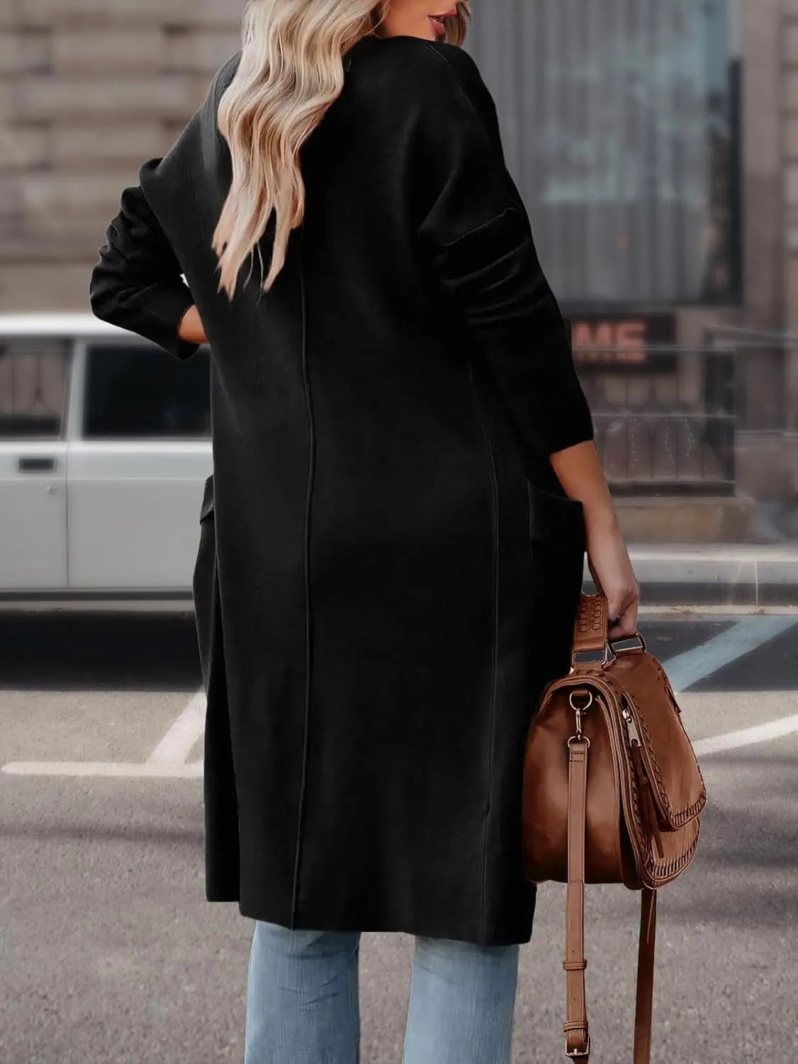 Women's Open Front Knited Loose Cardigan Casual Long Sleeve Draped Knit Pockets Long Jackets Sweater