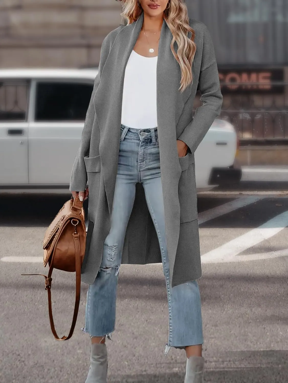 Women's Open Front Knited Loose Cardigan Casual Long Sleeve Draped Knit Pockets Long Jackets Sweater