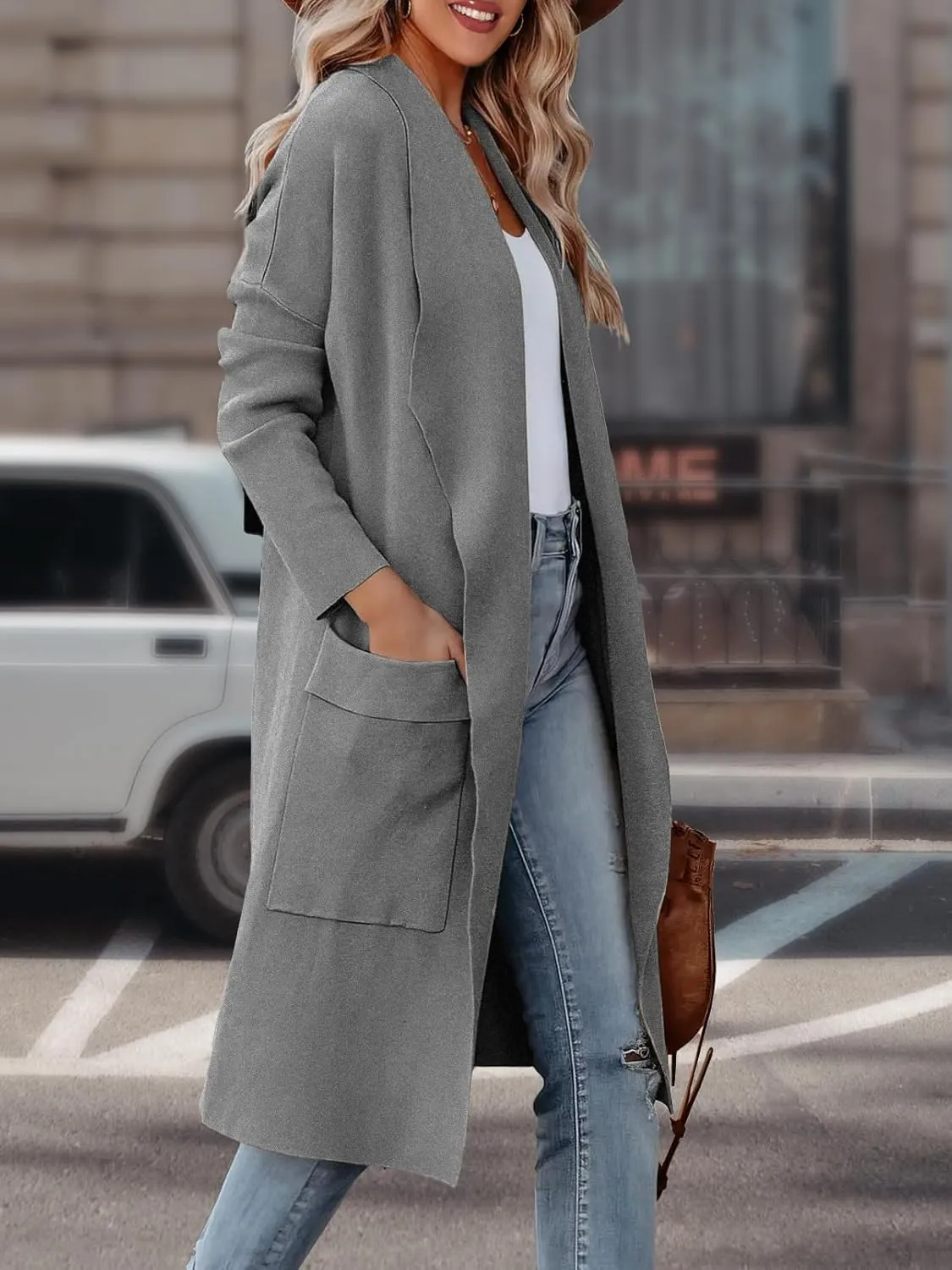 Women's Open Front Knited Loose Cardigan Casual Long Sleeve Draped Knit Pockets Long Jackets Sweater