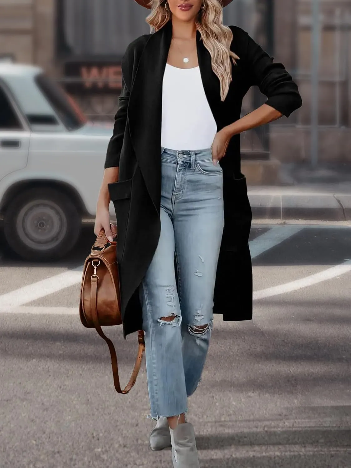 Women's Open Front Knited Loose Cardigan Casual Long Sleeve Draped Knit Pockets Long Jackets Sweater