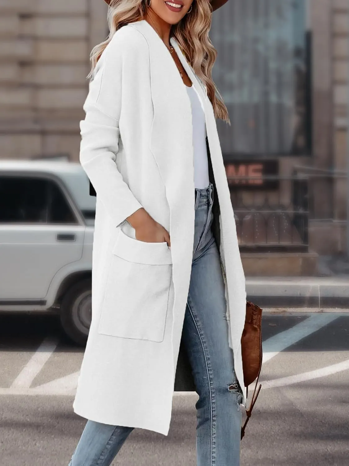 Women's Open Front Knited Loose Cardigan Casual Long Sleeve Draped Knit Pockets Long Jackets Sweater