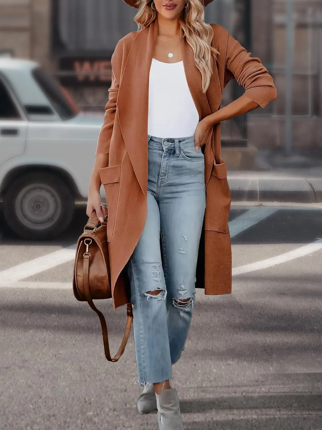Women's Open Front Knited Loose Cardigan Casual Long Sleeve Draped Knit Pockets Long Jackets Sweater