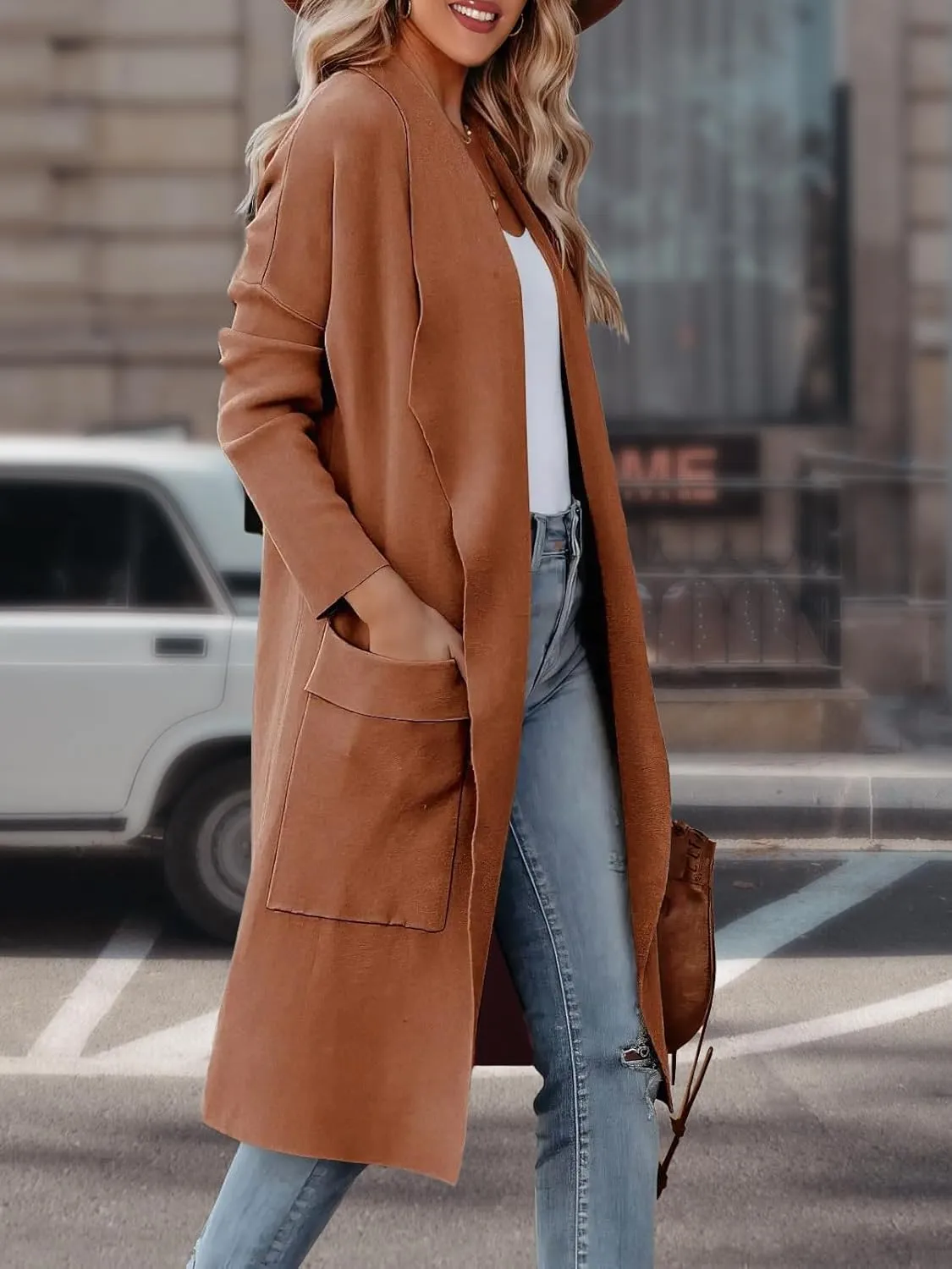 Women's Open Front Knited Loose Cardigan Casual Long Sleeve Draped Knit Pockets Long Jackets Sweater