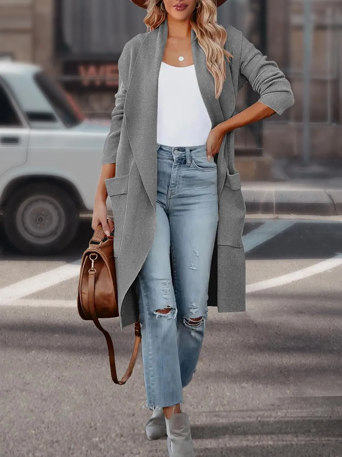 Women's Open Front Knited Loose Cardigan Casual Long Sleeve Draped Knit Pockets Long Jackets Sweater