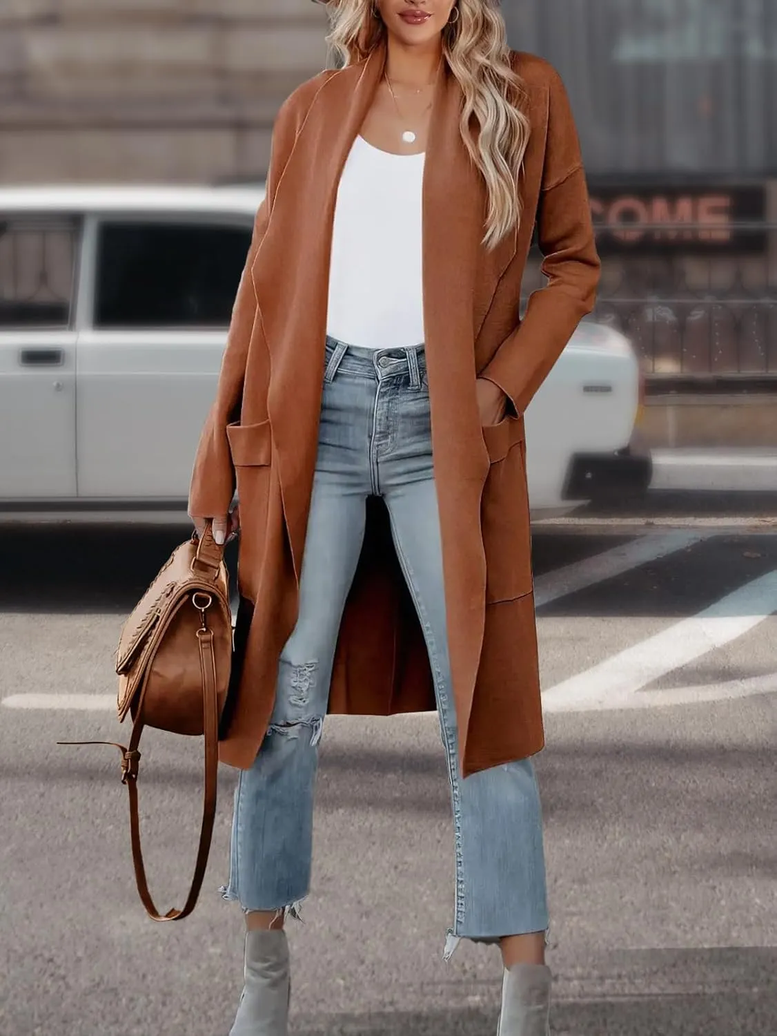 Women's Open Front Knited Loose Cardigan Casual Long Sleeve Draped Knit Pockets Long Jackets Sweater