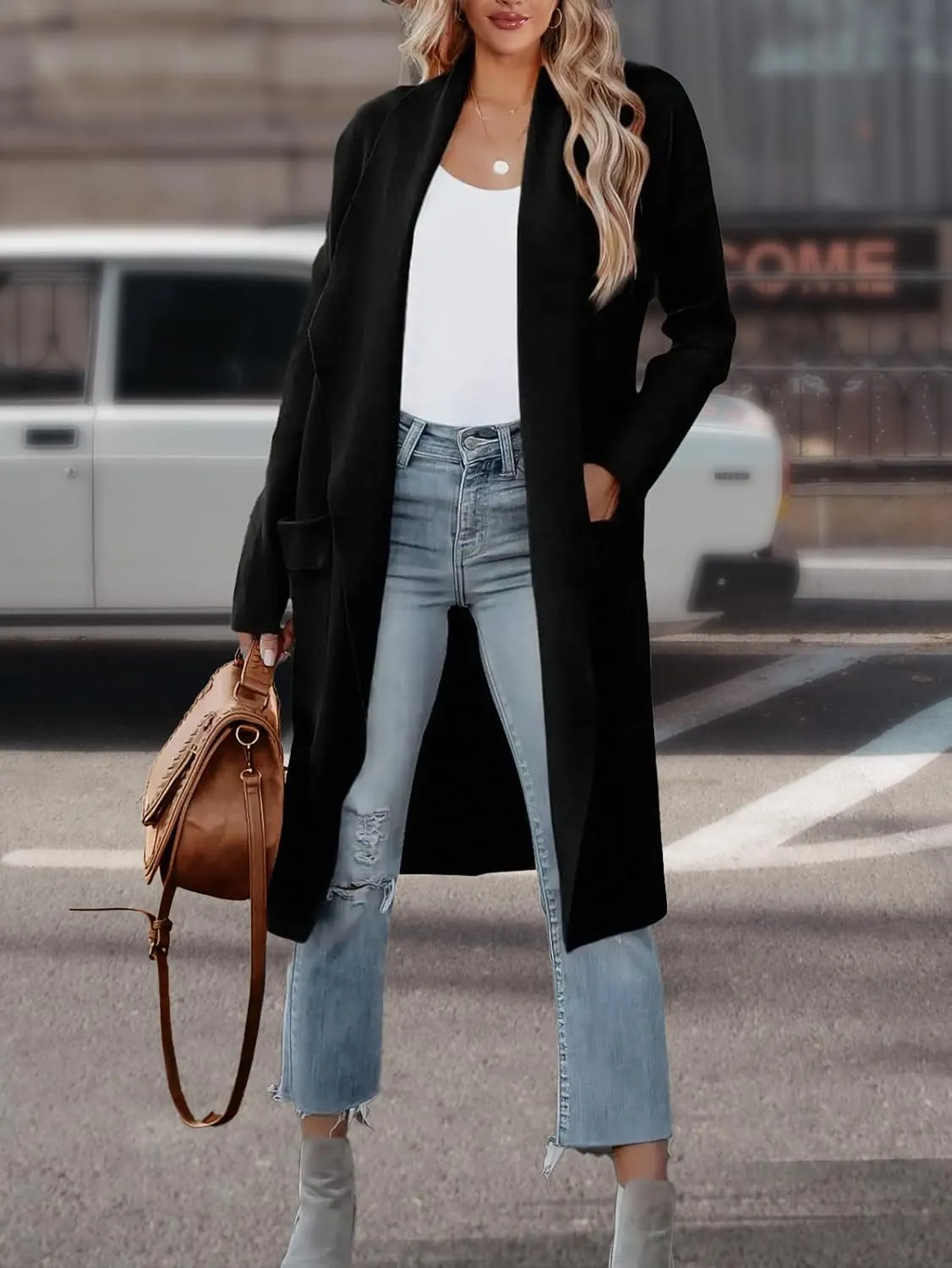 Women's Open Front Knited Loose Cardigan Casual Long Sleeve Draped Knit Pockets Long Jackets Sweater