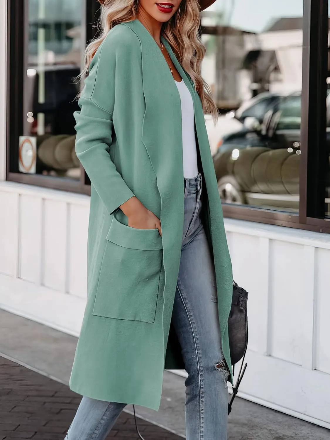 Women's Open Front Knited Loose Cardigan Casual Long Sleeve Draped Knit Pockets Long Jackets Sweater