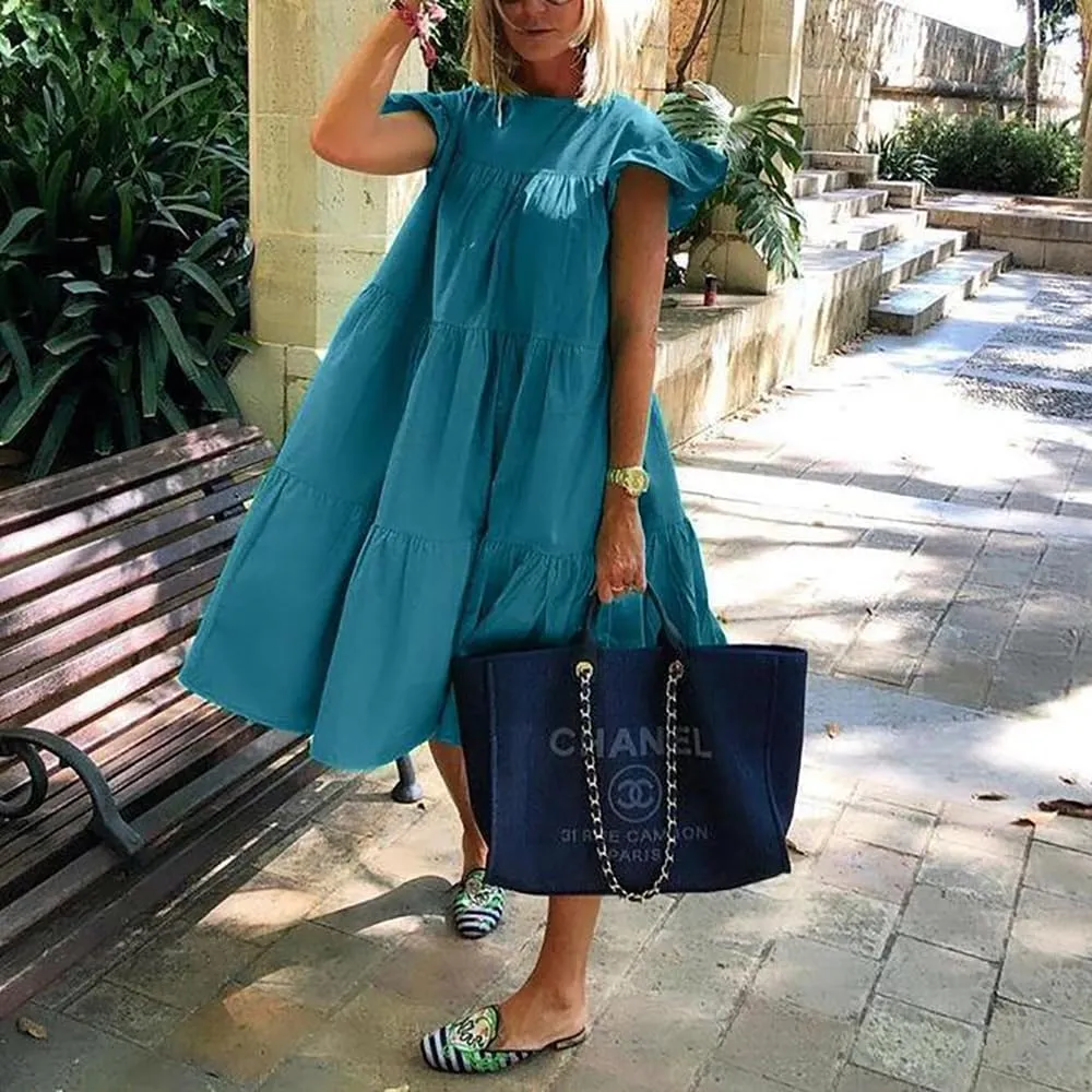 Women's Plus Size Loose Casual Ruffle Short Sleeve Crew Neck Tiered Babydoll Midi Dress Beach Sundress 2024