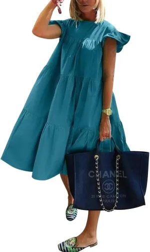 Women's Plus Size Loose Casual Ruffle Short Sleeve Crew Neck Tiered Babydoll Midi Dress Beach Sundress 2024