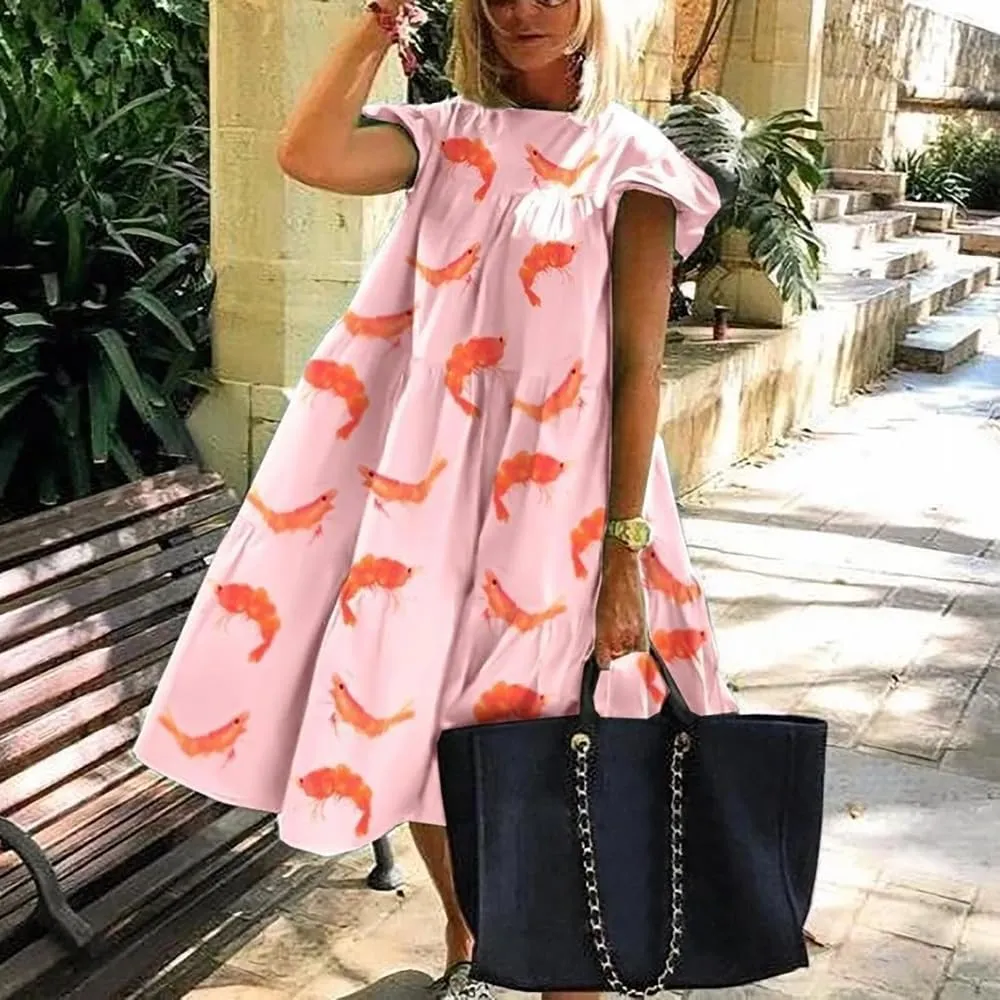 Women's Plus Size Loose Casual Ruffle Short Sleeve Crew Neck Tiered Babydoll Midi Dress Beach Sundress 2024
