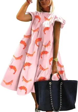 Women's Plus Size Loose Casual Ruffle Short Sleeve Crew Neck Tiered Babydoll Midi Dress Beach Sundress 2024