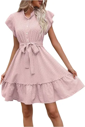 Womens Polka Dot Ruffle Dress Short Sleeve Summer Dresses Tie Waist A Line Dress Casual Mini Sundress Vacation Outfits