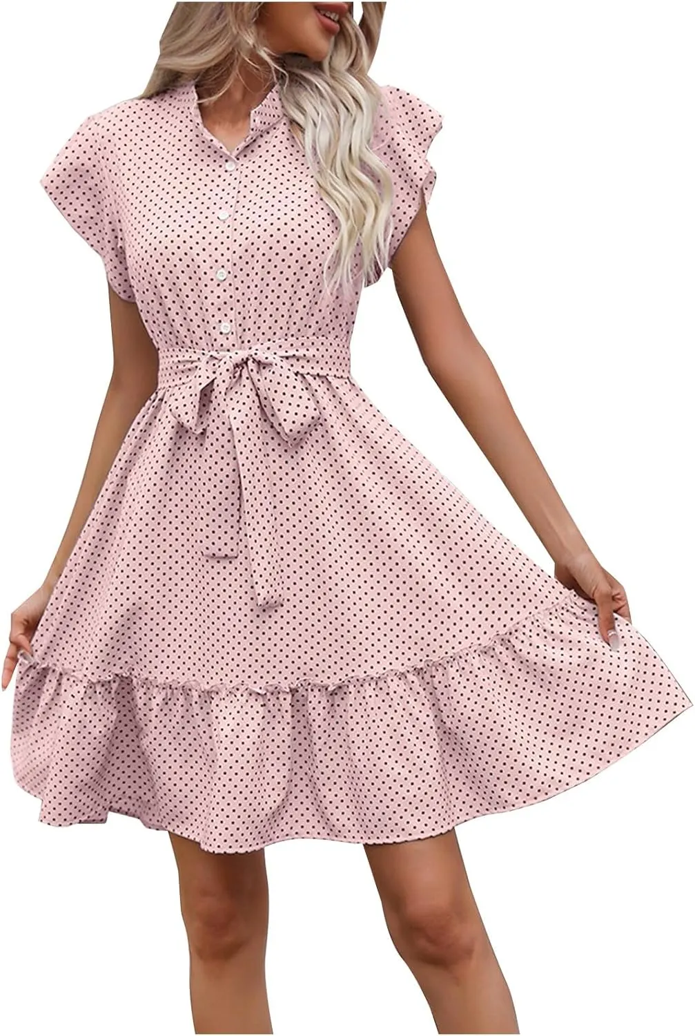 Womens Polka Dot Ruffle Dress Short Sleeve Summer Dresses Tie Waist A Line Dress Casual Mini Sundress Vacation Outfits