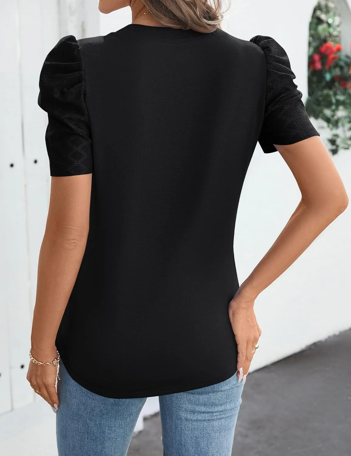 Women's Puff Short Sleeve Shirt V Neck Summer Tops Casual Fashion T Shirts Loose Fit Blouses