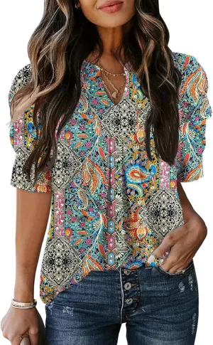Women's Puff Short Sleeve Shirt V Neck Summer Tops Casual Fashion T Shirts Loose Fit Blouses