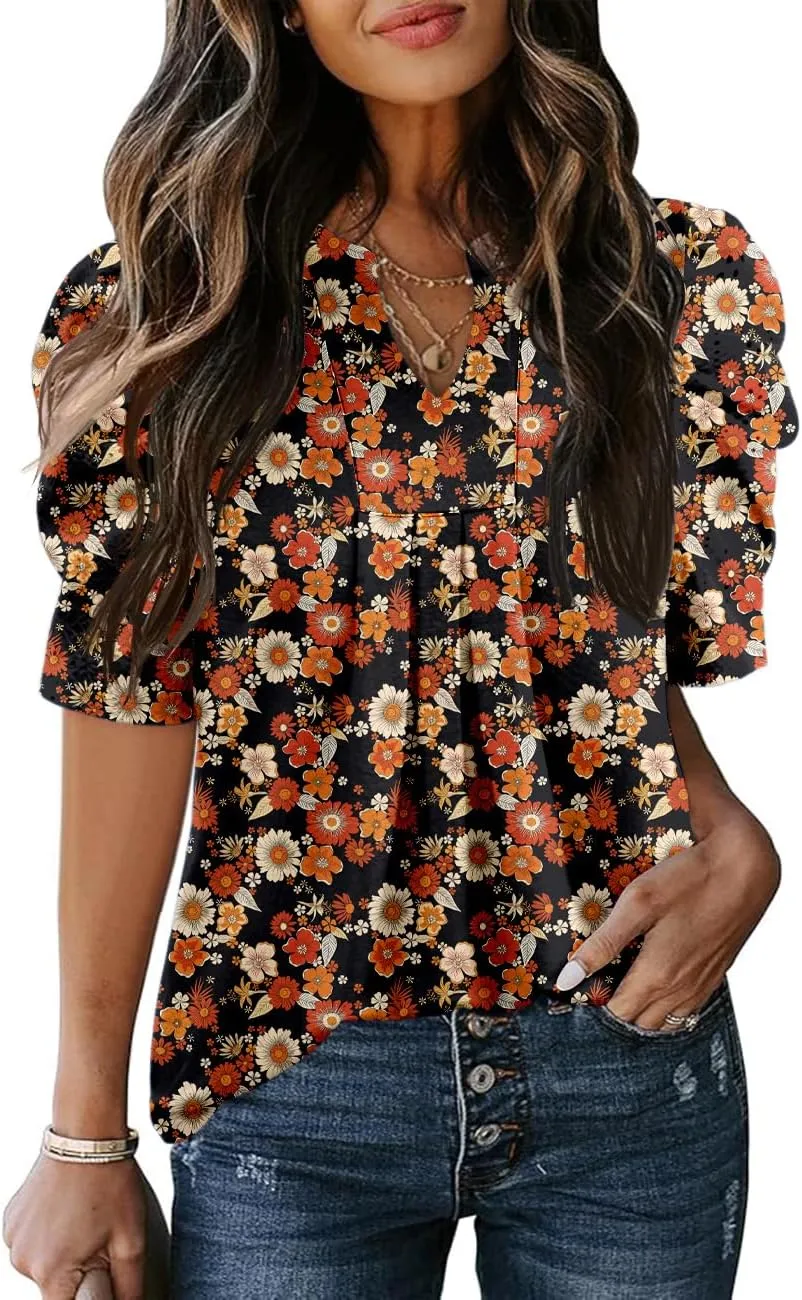 Women's Puff Short Sleeve Shirt V Neck Summer Tops Casual Fashion T Shirts Loose Fit Blouses