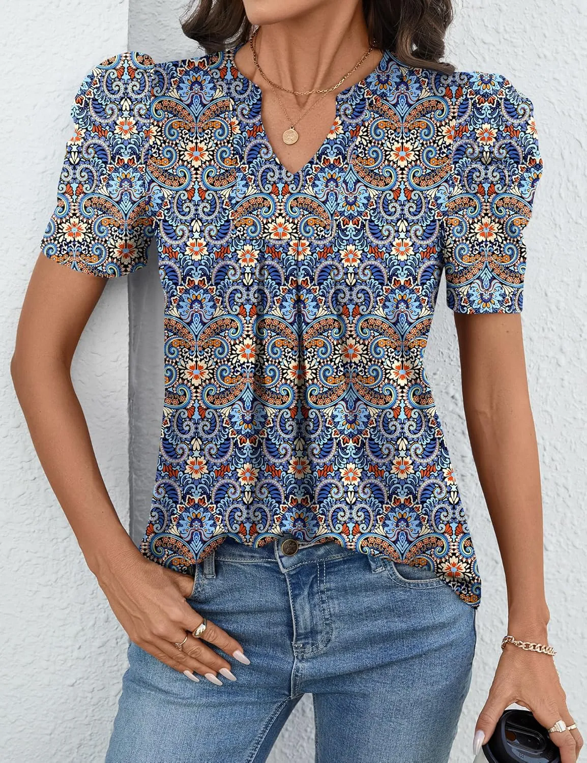 Women's Puff Short Sleeve Shirt V Neck Summer Tops Casual Fashion T Shirts Loose Fit Blouses