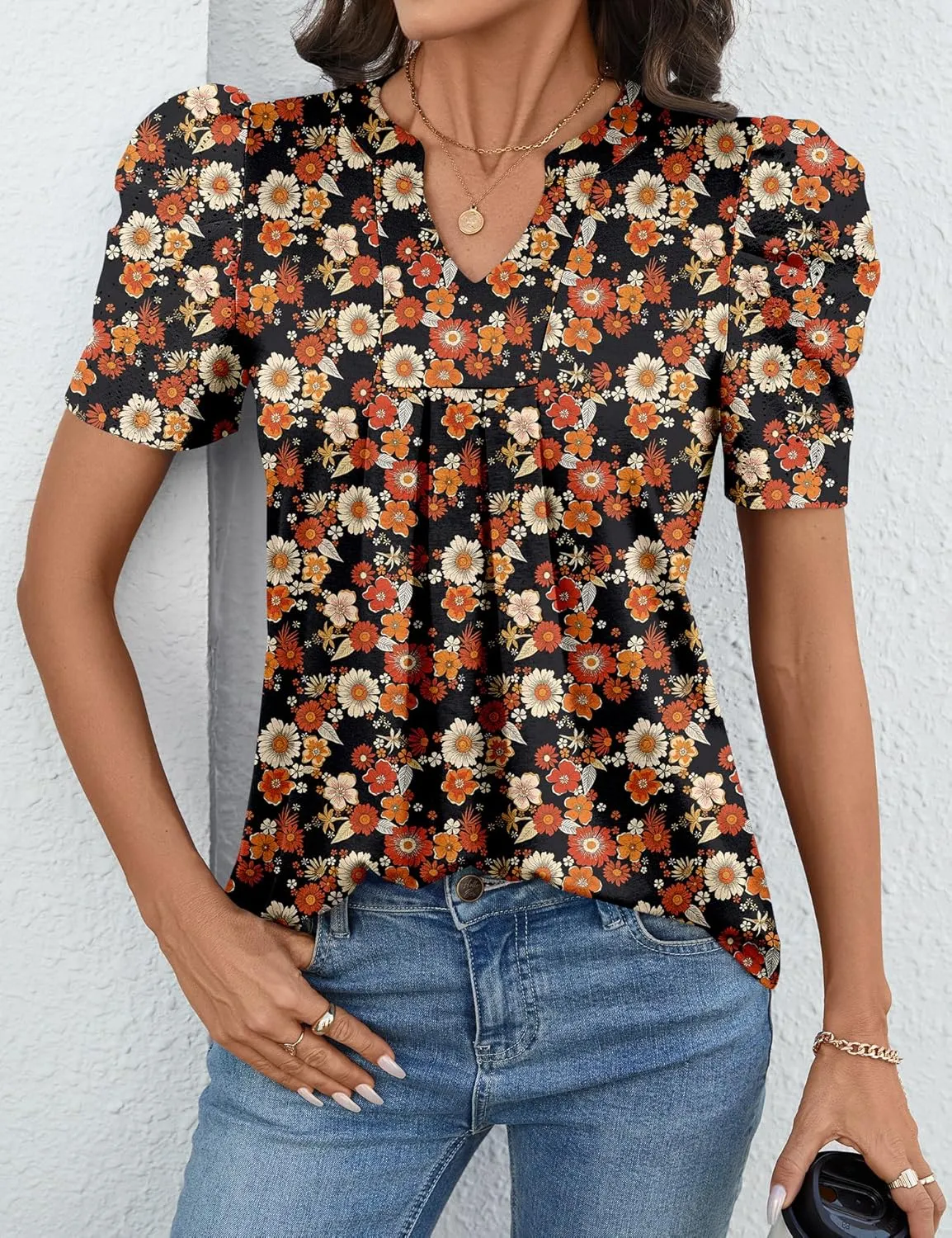 Women's Puff Short Sleeve Shirt V Neck Summer Tops Casual Fashion T Shirts Loose Fit Blouses