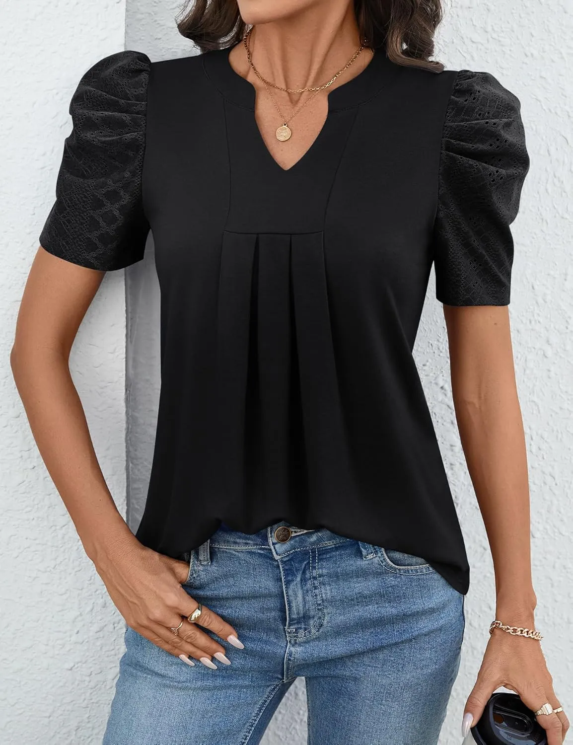 Women's Puff Short Sleeve Shirt V Neck Summer Tops Casual Fashion T Shirts Loose Fit Blouses
