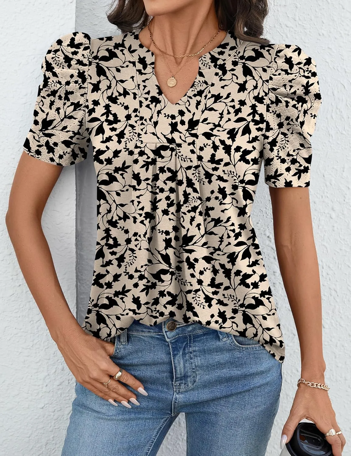 Women's Puff Short Sleeve Shirt V Neck Summer Tops Casual Fashion T Shirts Loose Fit Blouses