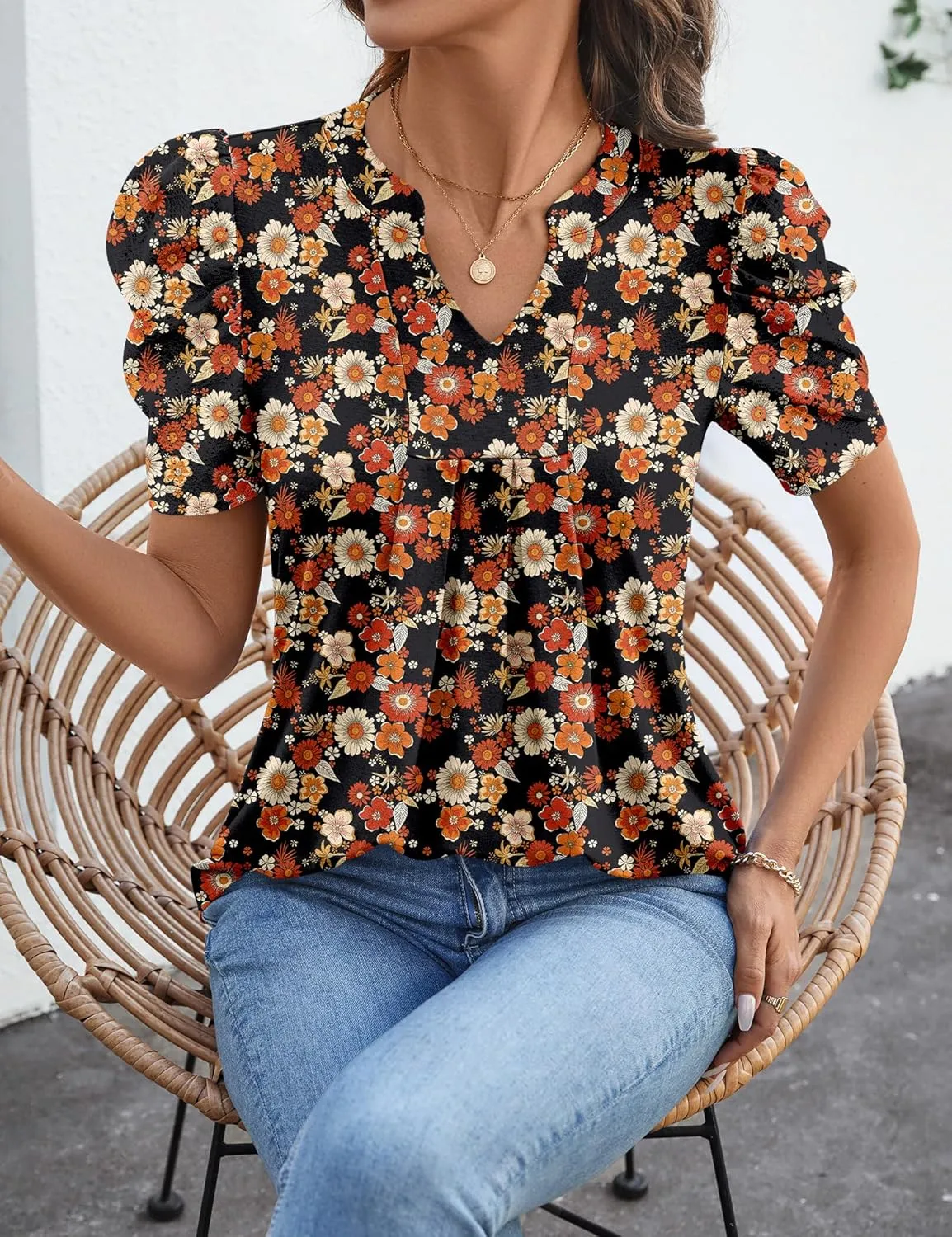 Women's Puff Short Sleeve Shirt V Neck Summer Tops Casual Fashion T Shirts Loose Fit Blouses