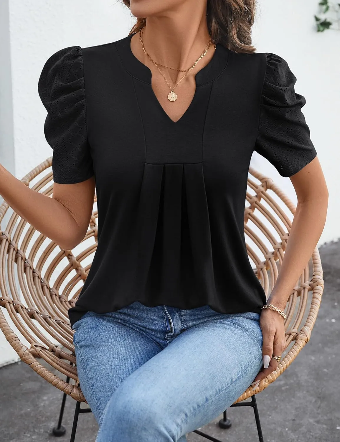 Women's Puff Short Sleeve Shirt V Neck Summer Tops Casual Fashion T Shirts Loose Fit Blouses