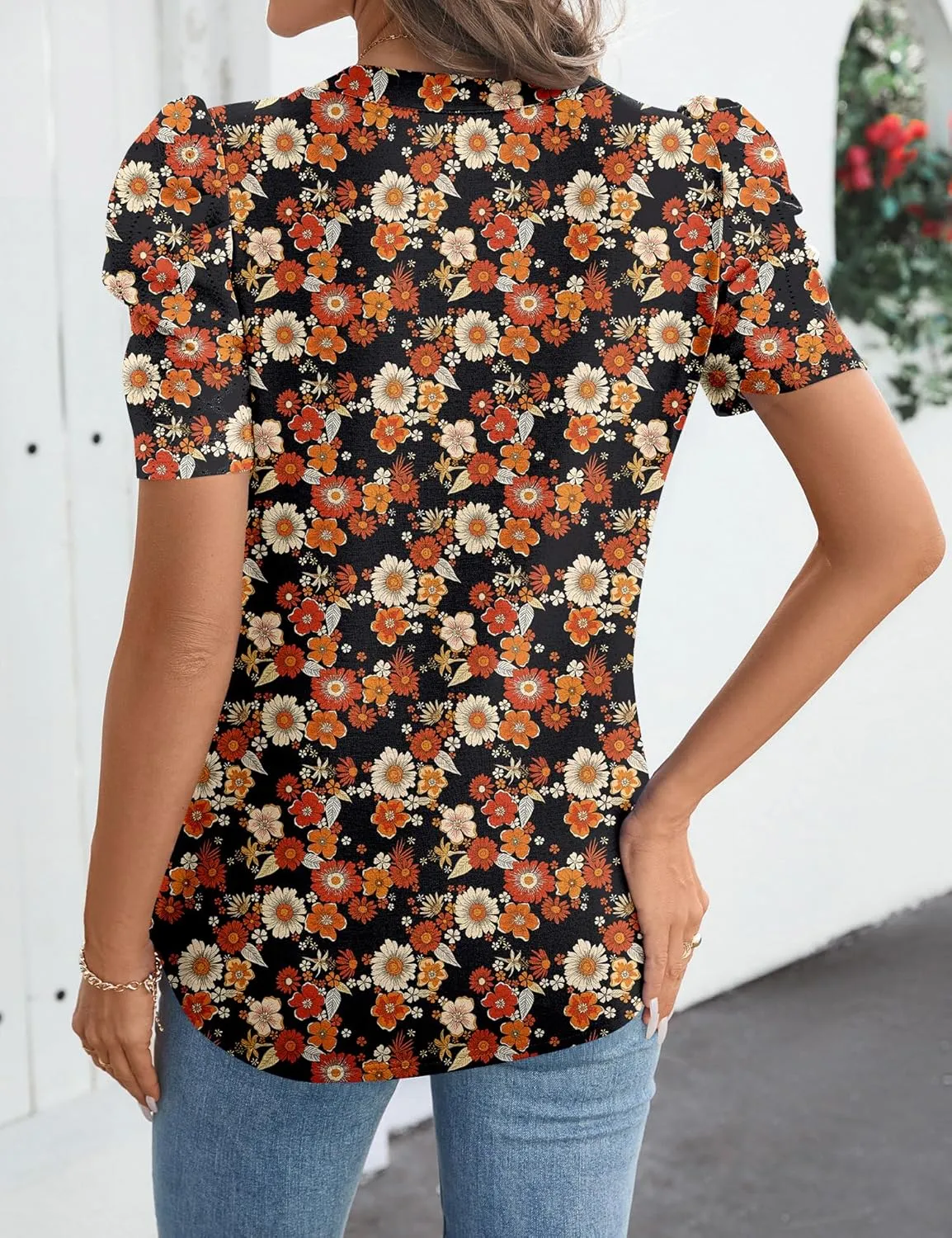 Women's Puff Short Sleeve Shirt V Neck Summer Tops Casual Fashion T Shirts Loose Fit Blouses