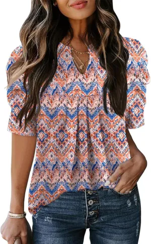 Women's Puff Short Sleeve Shirt V Neck Summer Tops Casual Fashion T Shirts Loose Fit Blouses