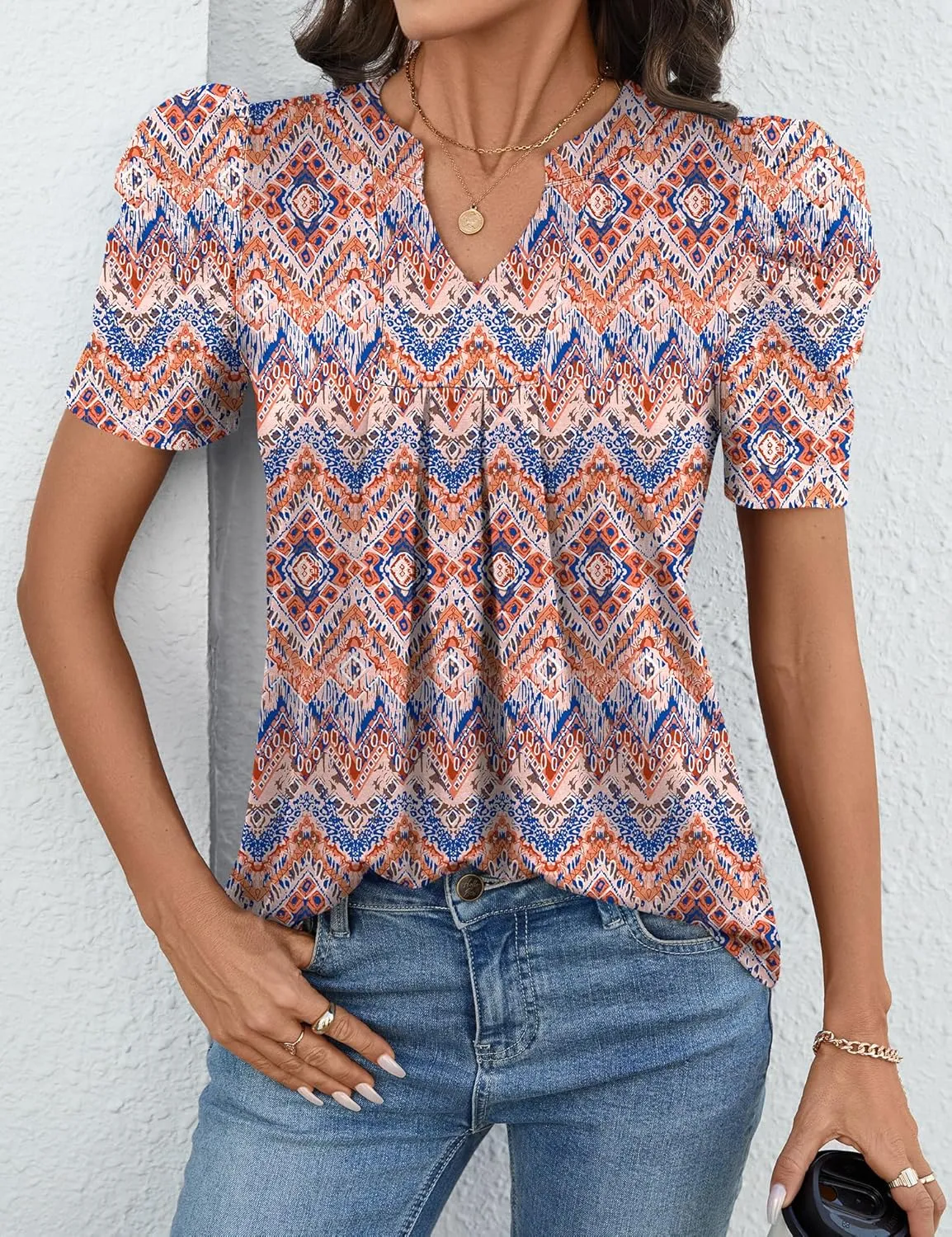 Women's Puff Short Sleeve Shirt V Neck Summer Tops Casual Fashion T Shirts Loose Fit Blouses