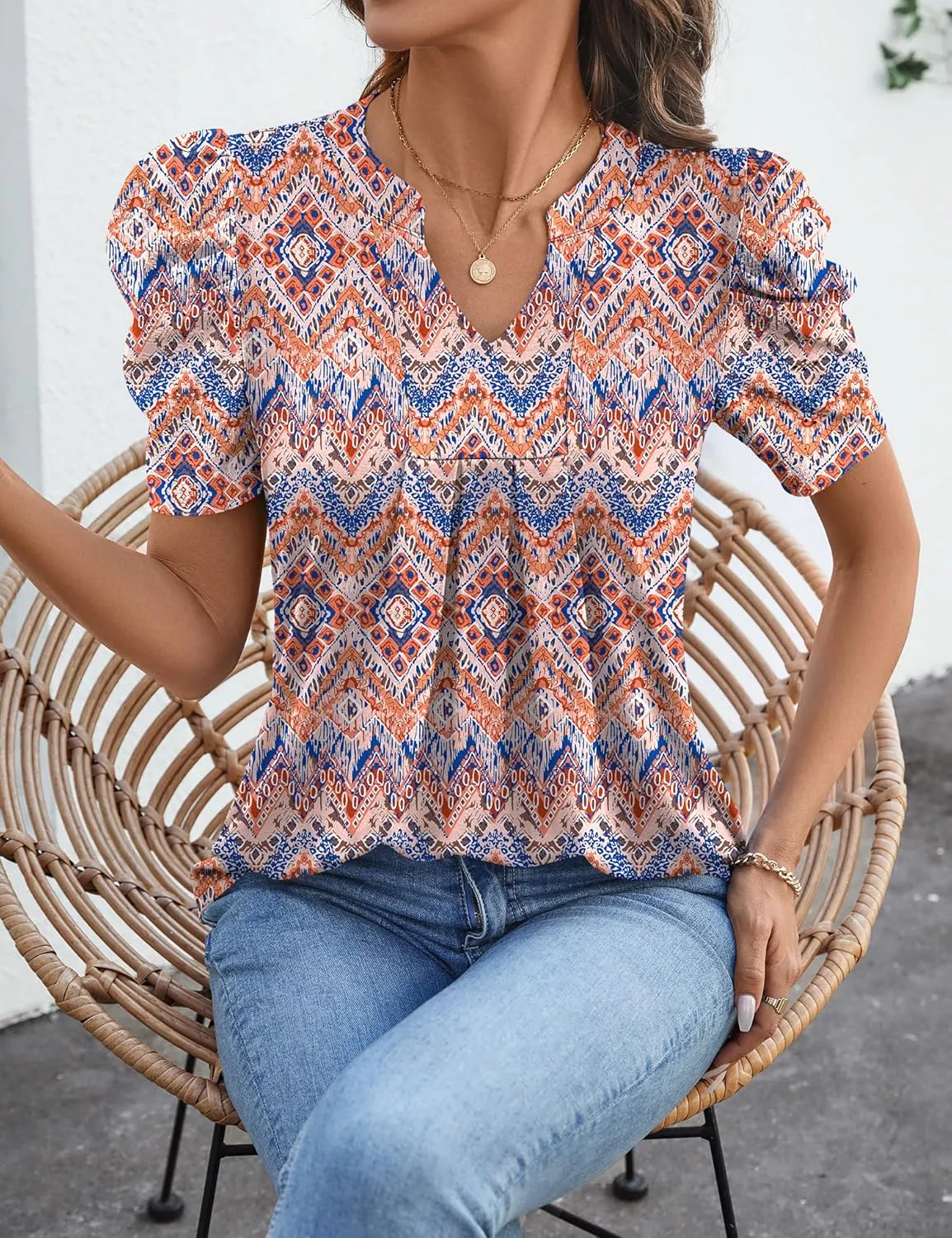 Women's Puff Short Sleeve Shirt V Neck Summer Tops Casual Fashion T Shirts Loose Fit Blouses