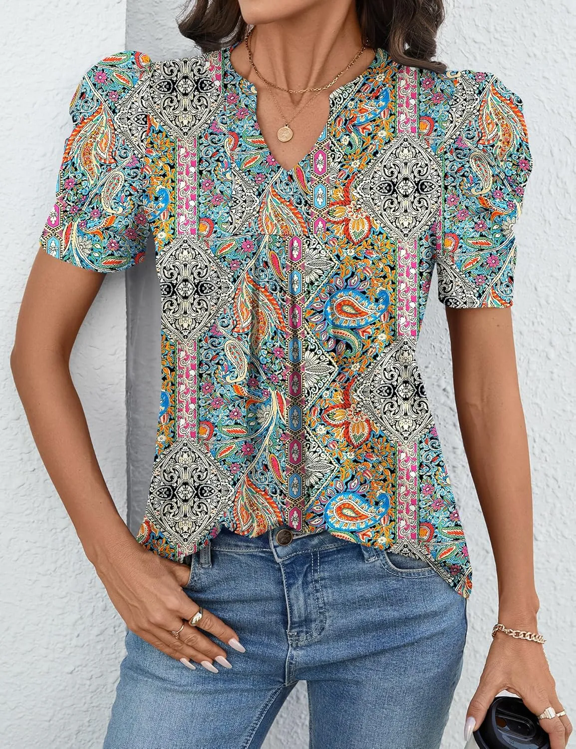 Women's Puff Short Sleeve Shirt V Neck Summer Tops Casual Fashion T Shirts Loose Fit Blouses